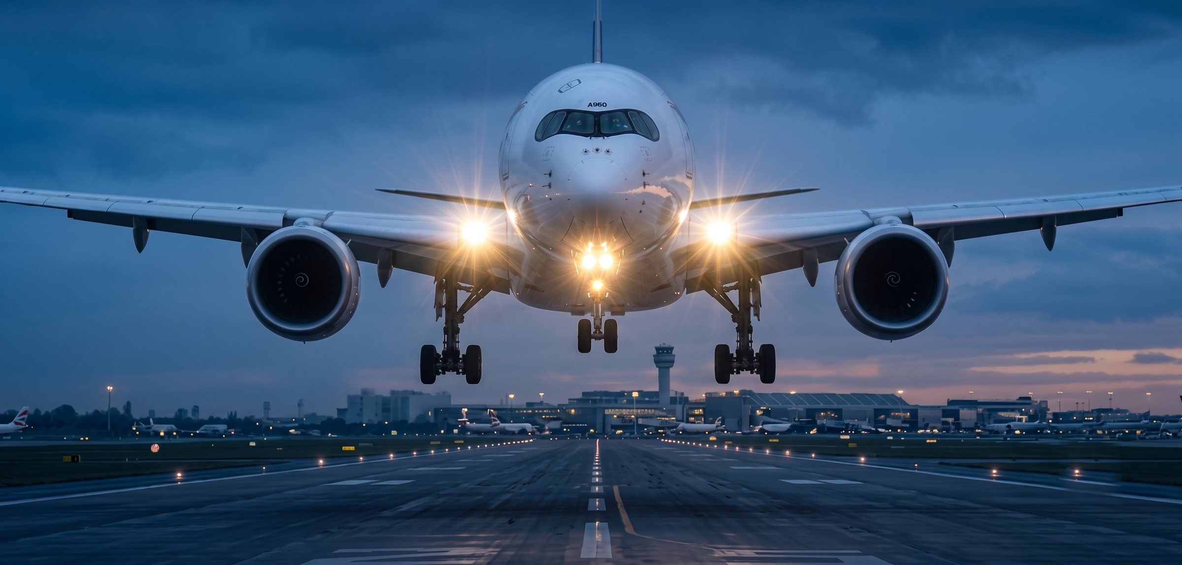 An airliner on short final at dusk, landing lights lit, with the terminal beyond
